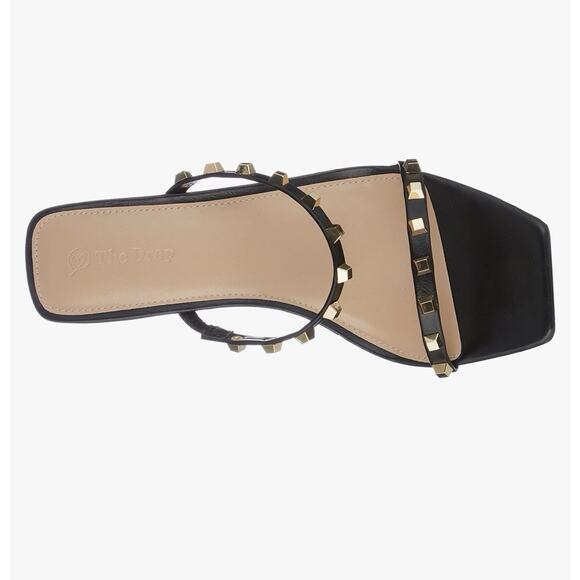 The Drop Black Studded 9.5 Avery Square-Toe Two-Strap Block Heeled Sandal Edgy - Picture 5 of 6